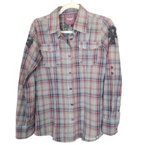 Roar Womens M Gray Plaid Long Sleeves Button Up Va